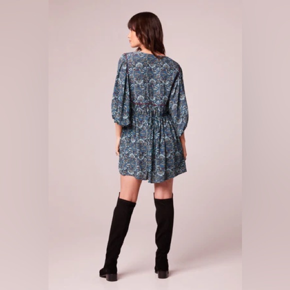 NWT Band Of The Free MALLORY TEAL FLORAL BABYDOLL MINI DRESS Bohemian Sleeves - Picture 2 of 5
